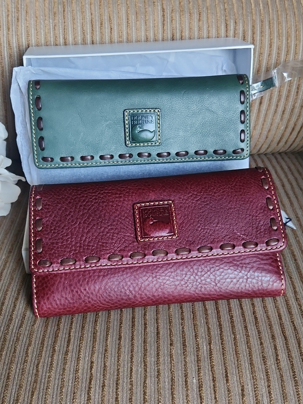 Listing For 2 Separate Dooney & Bourke (Wine Red & Green) Leather Flap Wallet